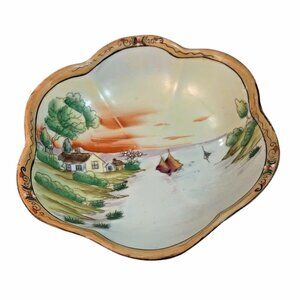 Vintage Nippon Hand Painted Fluted 8" Bowl Trees Lake Sail boats Sunrise Japan